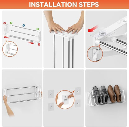 Wall Mounted Shoe Rack, 3 Pack Wall Shoe Rack Holds 6 Pairs of Shoes with Sticky Adhesive Strips Shoe Organizer Space Saving Wall Mount Shoe Storage for Camper Shoe Hanger White