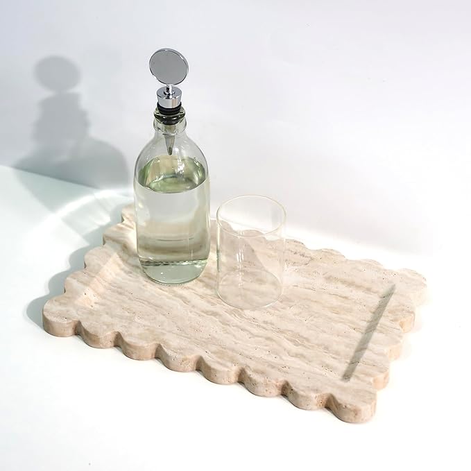 Natural 100% Marble Vanity Tray Luxury Scalloped Marble Storage Rectangle Italian Travertine Tray for Home Decor Stone Tray for Bathroom/Kitchen/Candle Key (Rectangle-11.8 * 7.4-Beige Travertine)