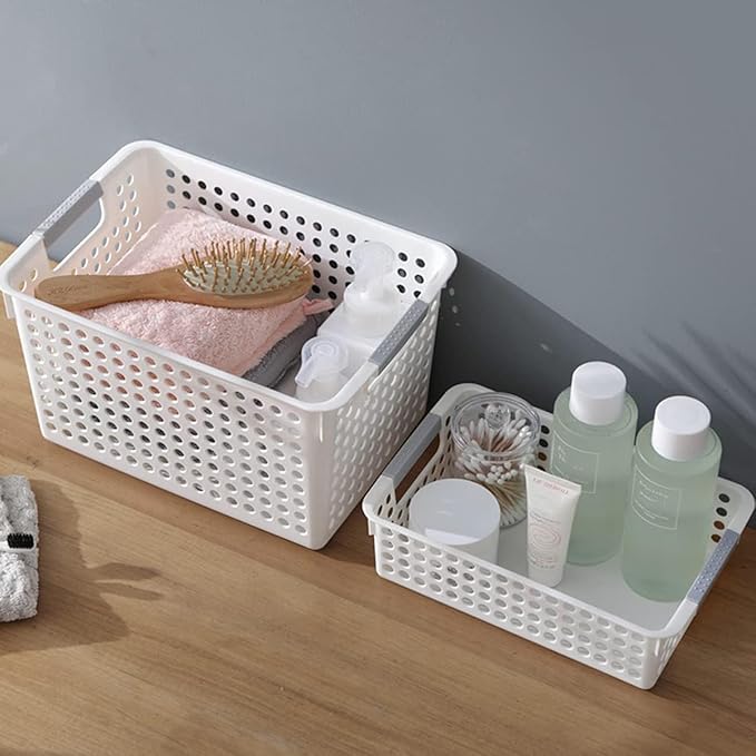 Bekith 4 Pack Plastic Storage Basket, A4 Size Plastic Storage Tray, Desktop File Organizer Baskets, 14 Inches x 10 Inches x 3.4 Inches, White