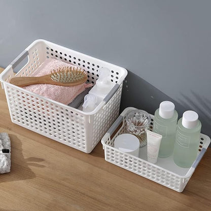 Bekith 4 Pack Plastic Storage Basket, A4 Size Plastic Storage Tray, Desktop File Organizer Baskets, 14 Inches x 10 Inches x 3.4 Inches, White