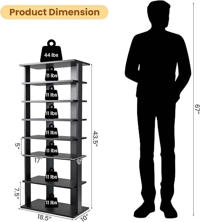 GOFLAME 7-Tier Tall Shoe Rack, Patented Freestanding Shoe Shelf Storage Organizer for 14 Pairs of Shoes, Space-Saving Vertical Shoe Stand for Entryway, Closet, Living Room, Black