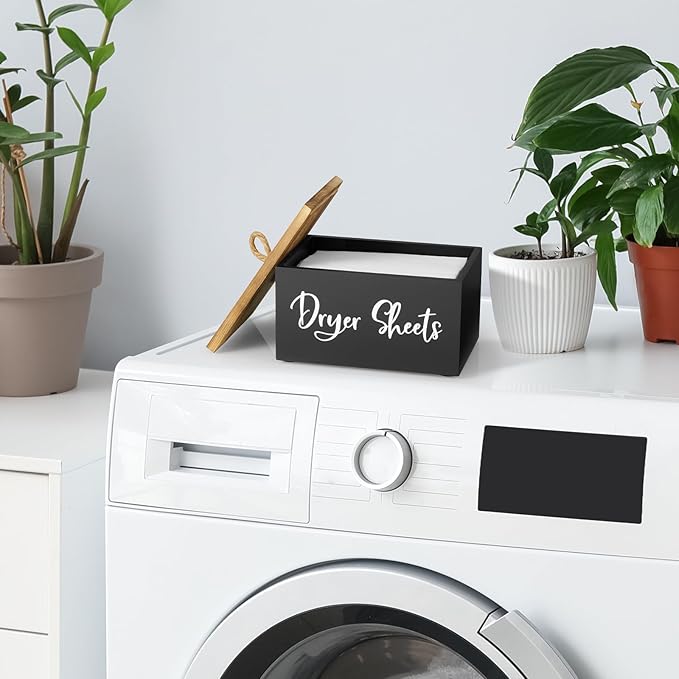 Wood Dryer Sheet Holder - Laundry Sheets Container with Lid - Farmhouse Laundry Room Organization and Storage for Laundry Room Decor and Accessories - Fabric Sheet Dispenser, Black