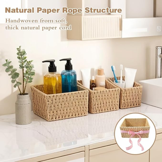 Small Wicker Basket 3-Piece Set: Handwoven Natural Paper Rope Storage Baskets for Organization, Storage, and Home Decor（Includes 3 ribbons to make your basket even more decorative）