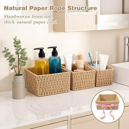Small Wicker Basket 3-Piece Set: Handwoven Natural Paper Rope Storage Baskets for Organization, Storage, and Home Decor（Includes 3 ribbons to make your basket even more decorative）