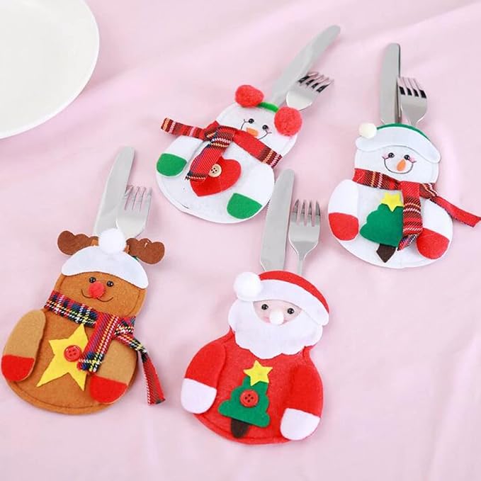 12Pcs Christmas Cutlery Bag Cute Snowman Silverware Tableware Holder Knife Fork Bag Pouch Decor for Christmas Party Dinner Table Decor