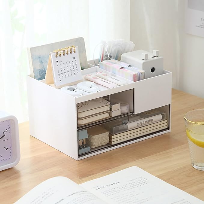 MILULUGO Makeup Organizer with 2 Drawers, Desk Organizer, 4 Compartments, Cosmetics Storage Box for nail polish,Lipstick, Brushes, Jewelry, Skincare, Bathroom Organization Boxes - White