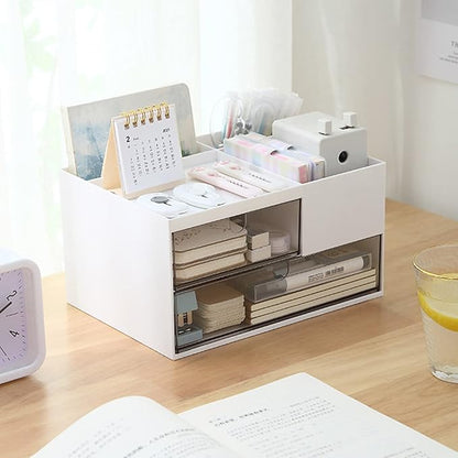 MILULUGO Makeup Organizer with 2 Drawers, Desk Organizer, 4 Compartments, Cosmetics Storage Box for nail polish,Lipstick, Brushes, Jewelry, Skincare, Bathroom Organization Boxes - White