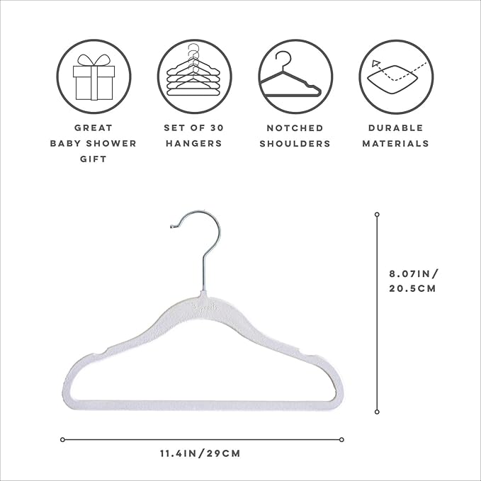 3 Sprouts Velvet Baby Hangers - Non-Slip Hangers for Infant and Toddler Clothes - Slim Space-Saving Design with Nordic Colors for Nursery - 30 Pack - White