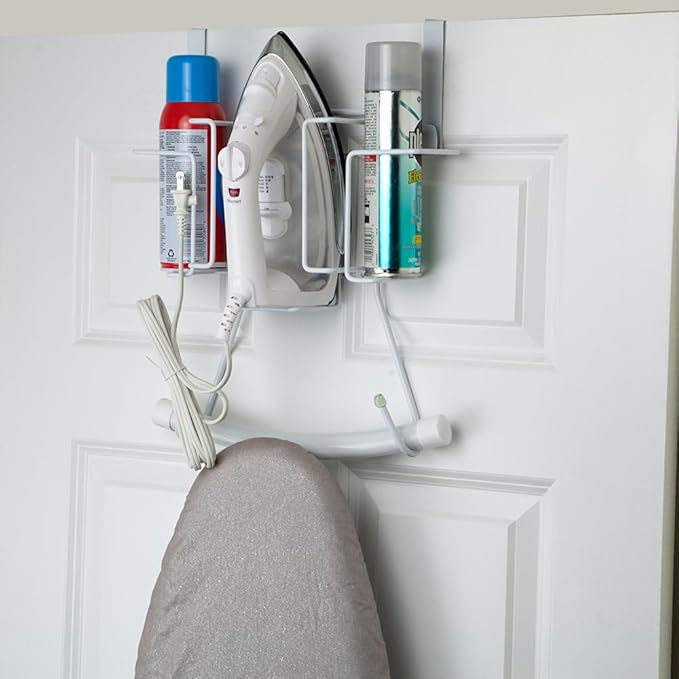 Sunbeam Laundry Room Metal Over the Door Hanging Ironing Board Holder and Organizer, Holds Standard Size Iron, Board, Spray Bottles, Starch, Fabric softener, White finish