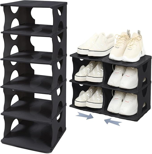 6-Tier Thickened Shoe Rack, Stackable Storage Organizer for Bedroom Entry, Adjustable Rack, Shoe Slots Shelf, Easy Tower Rack, Black