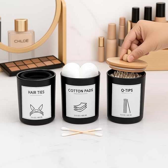 3Pack Glass Qtip Holder with Bamboo Tray, Cotton Ball Holder, 13.5 oz Apothecary Jars Bathroom Canisters with Lids, Bathroom Jars for Floss Picks, Cotton Swabs, Balls, Pads(Black)