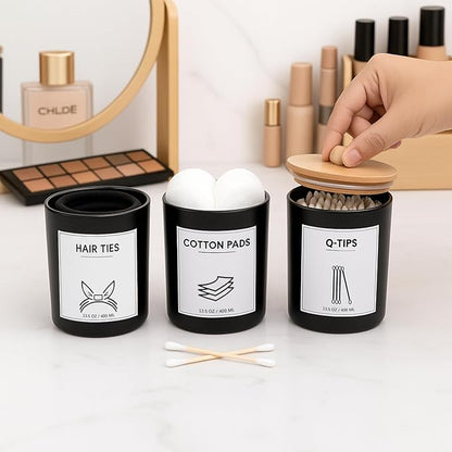 3Pack Glass Qtip Holder with Bamboo Tray, Cotton Ball Holder, 13.5 oz Apothecary Jars Bathroom Canisters with Lids, Bathroom Jars for Floss Picks, Cotton Swabs, Balls, Pads(Black)