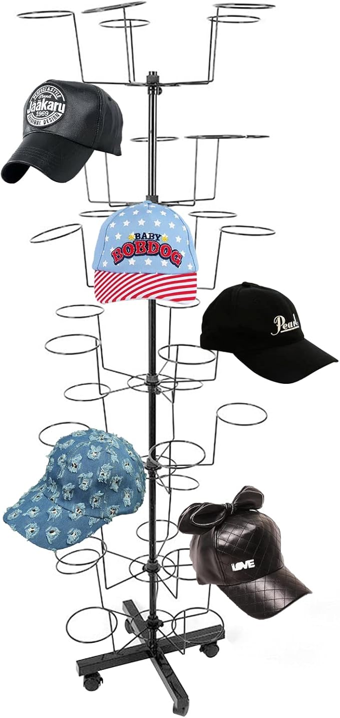 Floor Stand 7 Tier 35 Hats Rotating Hat Display Rack Cowboy Baseball Hat Stand Hang Organizer Retail Hat Rack Rotating Spinner Stand Fit Shop Standing Hat Rack Baseball Cap Display (Black)