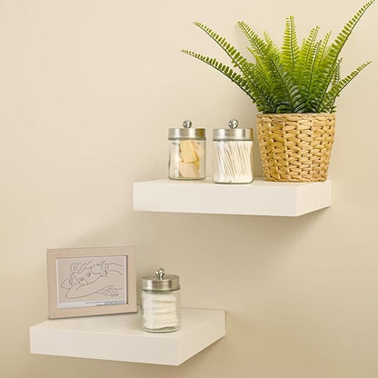 SheeChung Qtip Dispenser Holder 1pcs, Glass apothecary jars with Stainless Steel Lids &Stickers, Countertop Canister Guest Bathroom Storage Organizer Set for Cotton, Floss Picks(Brushed Nickel)