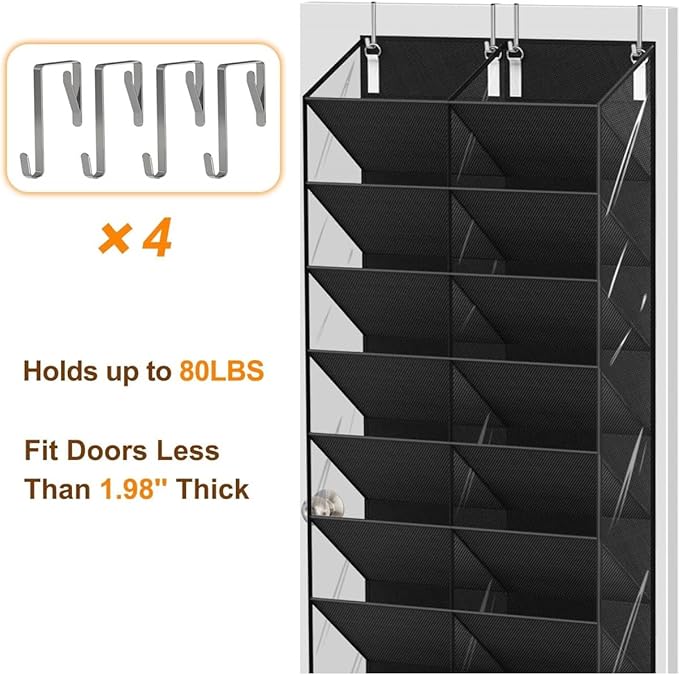 TAKE FIRE Over the Door Shoe Organizer: 10-Tier Clear Pocket Storage for Sneakers, Boots & Heels (20-30 Pairs, Black)