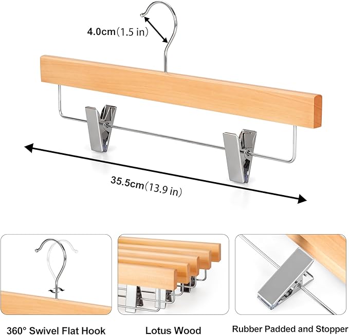 TOPIA HANGER Lotus Wood Pants Hangers, Natural Wooden Skirt Short Jeans Trouser Hanger with Smooth Surface 360° Swivel Hook Anti Rust 2 Adjustable Clips, 20 Pack, CT10PY20