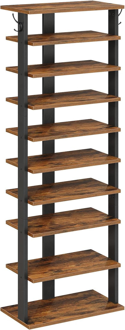 HOOBRO 10 Tiers Vertical Shoe Rack, Wooden Shoe Storage Organizer with Hooks, Narrow Shoe Tower for 20 Pairs, Space Saving, for Entryway, Living Room, Bedroom, Rustic Brown FG140XJ01