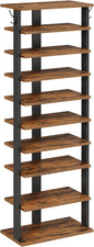 HOOBRO 10 Tiers Vertical Shoe Rack, Wooden Shoe Storage Organizer with Hooks, Narrow Shoe Tower for 20 Pairs, Space Saving, for Entryway, Living Room, Bedroom, Rustic Brown FG140XJ01