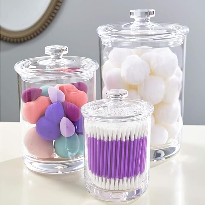 Lyellfe Set of 3 Acrylic Apothecary Jars, Vanity Organizer Canister with Airtight Lids, Bathroom Cotton Swab Holder, Clear Storage Jar for Candy, Bath Salt, Cotton Ball, 34 oz, 25 oz, 17 oz