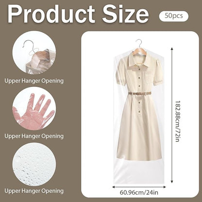 50 Pack 71 Inch Clear Plastic Garment Bag, Extra Long Dry Cleaning Bag, Dry Cleaner Hanging Clothes Cover, Hanging Clothes Storage for Long Dresses, Home Storage, Travel, Moving - Dust-proof