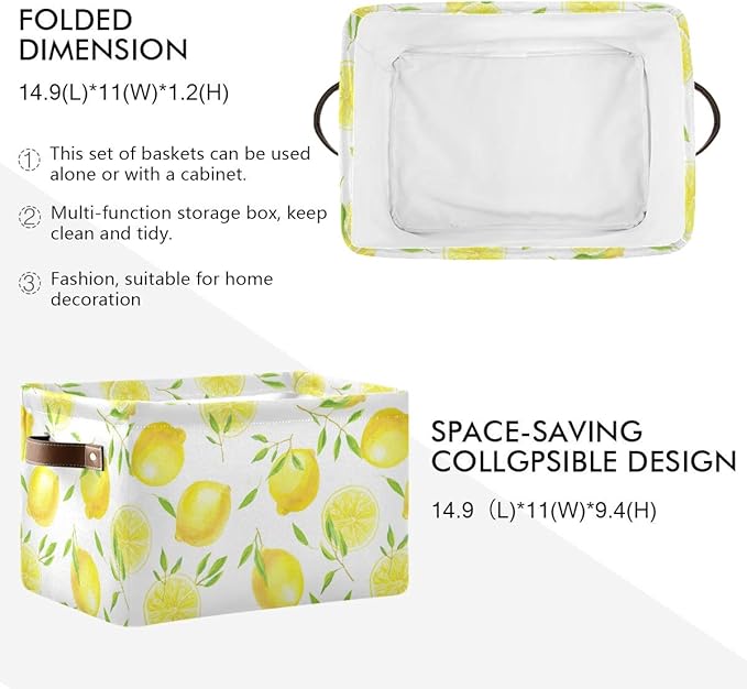 Fresh Lemons Pattern Rectangle Storage Bin, 15 x 11 x 9.5 in, Collapsible Organizer Storage Basket for Home Décor，2PACK