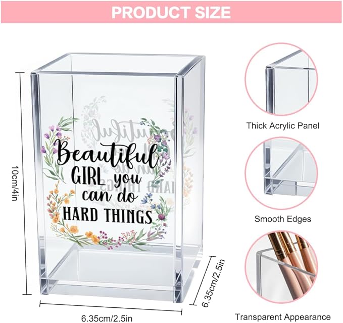Beautiful Girl You Can Do Hard Things Acrylic Makeup Brush Organizer Holder, Encouraging Gift for Women Friend, Daughter Graduation Gifts, Cheer Up Gifts for Women Daughter Makeup Lover