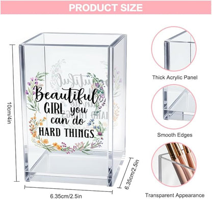 Beautiful Girl You Can Do Hard Things Acrylic Makeup Brush Organizer Holder, Encouraging Gift for Women Friend, Daughter Graduation Gifts, Cheer Up Gifts for Women Daughter Makeup Lover