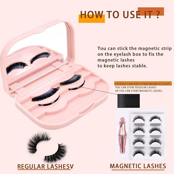 3 Tier Eyelash Storage Case Lash Dime Organizer Holder Box with Mirror Makeup Cosmetic Travel Case Empty False Lash Container (Pink)