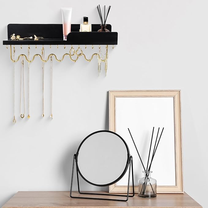 Hanging Jewelry Organizer with 29 Hooks and Cosmetics Shelf, Modern Wood Wall Mounted Jewelry Holder for Necklaces, Bracelets, Earrings and Rings, Black