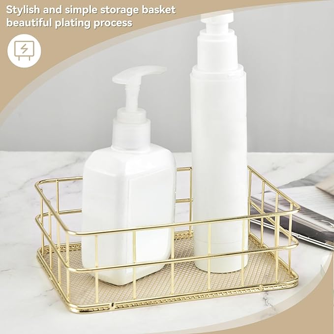 2Pcs Gold Basket Bathroom Organizer Storage Basket for Decor Desktop Exquisite Vanity Dresser Ornament Office Stationery Home(9.65 * 6.5 * 2.75inch)