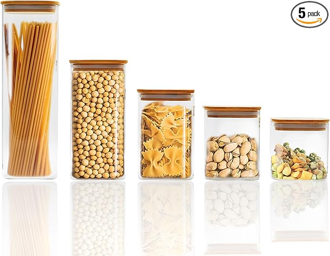 5 Pack Glass Food Storage Jars, Clear Glass Canister Food Jar with Bamboo Wooden Lid Food Storage Container for Sugar, Pasta, Snack, Coffee Beans, Cookies, Nuts, Coffee Beans