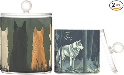 2 Pack Qtip Dispenser Apothecary Jars with Lids Cotton Round Holder Bathroom Canisters for Cotton Swab Floss Ball Pads Clear Plastic Decorative Green Wolves Mountain Forest
