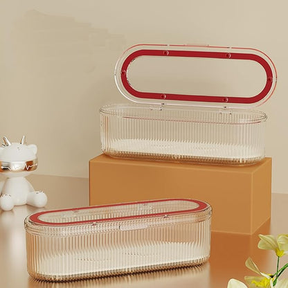 Silverware Organizer with Lid and Drainer, Covered Utensil Tray for Kitchen Drawer and Countertop, Red Clear Plastic Cutlery and Flatware Storage Box for Spoons Forks Knives Holder Case