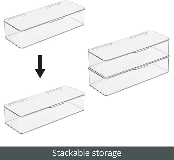 mDesign Makeup Storage Stackable Organizer Box for Bathroom Vanity, Countertops, Drawers - Holds Blenders, Eyeshadow Palettes, Lipstick, Lip Gloss, Makeup Brushes - Hinged Lid - 2 Pack - Clear