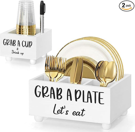 Paper Plate Dispenser and Holder for Kitchen Counter,Multi Utensil Caddy with Large Cup Holder,Paper Plate Organizer for Countertop,Cutlery Flatware Napkin Silverware Holder for Party,Kitchen