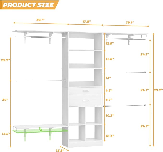 Besiost Closet System - 8FT Closet Organizer System with Wooden Drawers, 96" Closet Systems for Walk-In Closets with Cuttable Hanging Shelving, White