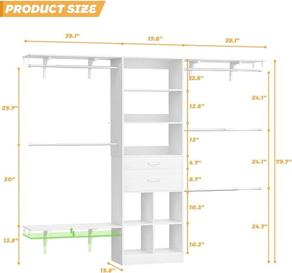 Besiost Closet System - 8FT Closet Organizer System with Wooden Drawers, 96" Closet Systems for Walk-In Closets with Cuttable Hanging Shelving, White
