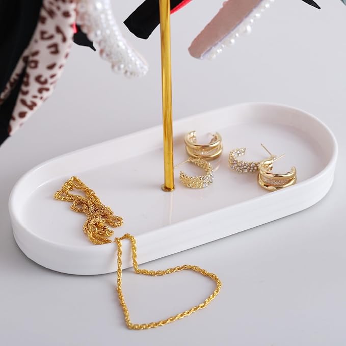 Headband Holder with Ceramic Jewelry Tray,Headband Organizer for Women Girls,Hair Hoop Band Ear Display Stand,Aesthetic Vanity Hair Accessories Organizer for College Dorm Room Gold Decor
