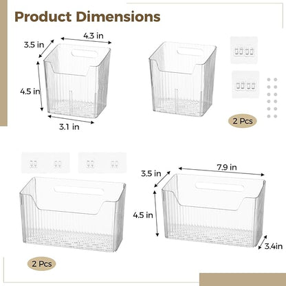 4 PCS Cabinet Door Organizer Bins, Clear Plastic Hanging Storage Baskets with Adhesive Hooks, Wall Mount Organizer for Bathroom, Fridge, Kitchen Pantry, Under Sink Drawer Organizer, Drain Holes