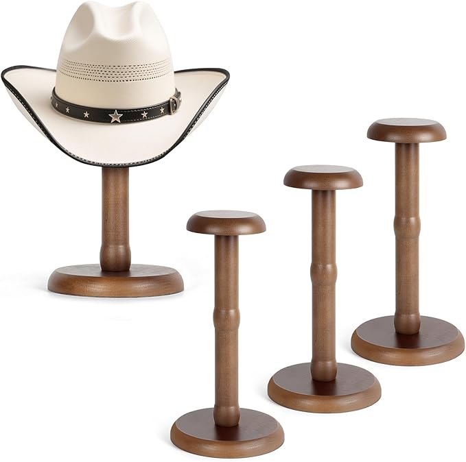 SEKSON Cowboy Hat Stand, Tabletop Hat Display Rack, Solid Wood Hat Holder Stand for Caps Wigs Helmets, Rustic Brown (3 Pack)