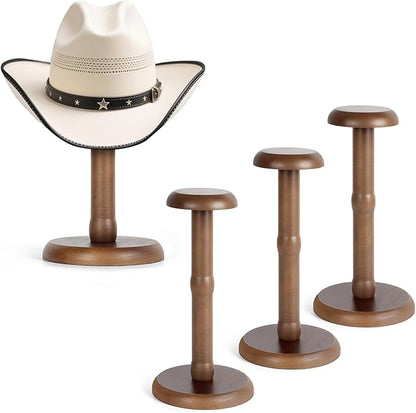 SEKSON Cowboy Hat Stand, Tabletop Hat Display Rack, Solid Wood Hat Holder Stand for Caps Wigs Helmets, Rustic Brown (3 Pack)