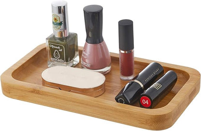 INIUNIK Qtip Holder with Bamboo Vanity Tray, Glass Apothecary Jars with Lids, Cotton Ball Swab Pad Rounds Holder Bathroom Canister Jars for Bathroom Restroom Decorations and Organizer