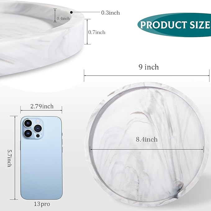 Silicone Bathroom Tray Round Vanity Tray Decorative Soap Holder Kitchen Countertop Organizer Coffee Table Decor for Candle, Perfume, Plant, 9 Inch, Marble Grey