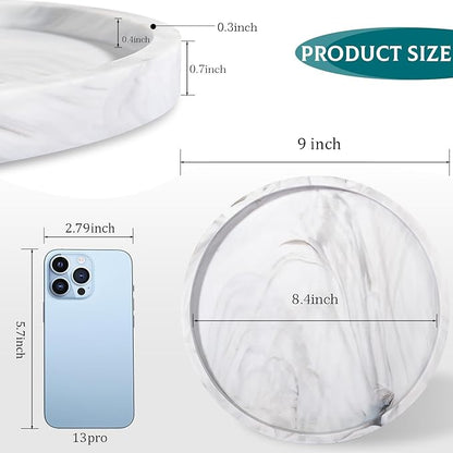 Silicone Bathroom Tray Round Vanity Tray Decorative Soap Holder Kitchen Countertop Organizer Coffee Table Decor for Candle, Perfume, Plant, 9 Inch, Marble Grey
