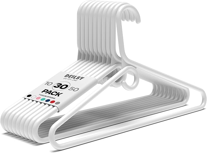 DEILSY™ Heavy Duty Plastic Hangers 30 Pack - Extra Heavy Duty Hangers for Clothes, Thick White Plastic Hangers, Strong Clothes Hangers with Hook for Scarves & Belts