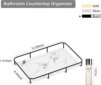 Dobbyby Vanity Tray Makeup Organizer Cosmetics Storage Bathroom Skincare Organizer Countertop Display Rack in Dresser Stainless Steel Shelf Marble Print Ceramic Trays