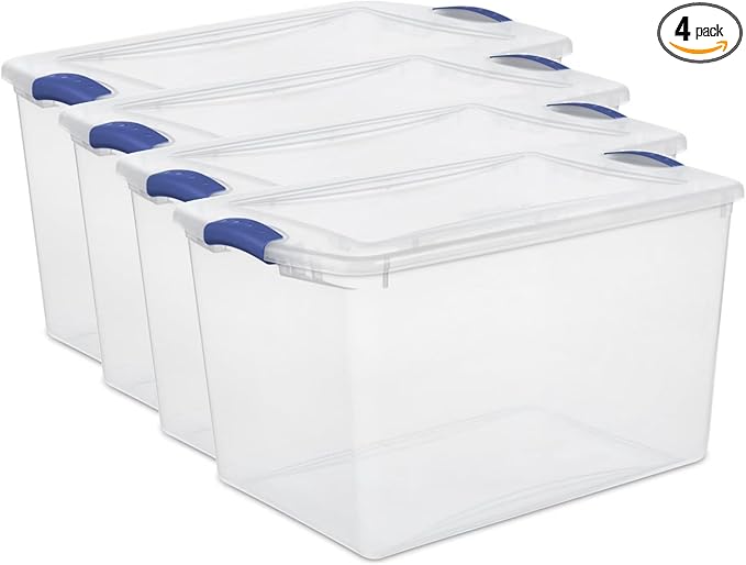 66 Quart Storage Bins with Lids, 4-Pack, Clear Plastic Stackable Tote Box Containers for Home Garage Organization