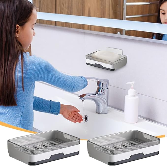 2 pcs Self Adhesive Soap Dish with Drawer-Type Drip Tray and 2 No-Trace Adhesive Pad, Wall Mounted Soap Holder Shower Sink Bar Soap Sponge Holder Tray Rack(White)