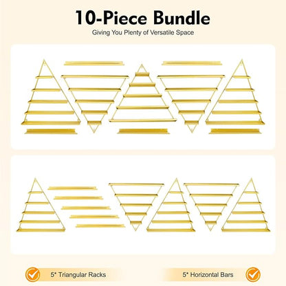 Elegant Wall Mounted Nail Polish Storage Rack Set of 10 Triangular Cosmetic Display Shelves for Essential Oil Bottles, Organize Your Lipsticks and Perfumes in Style at Home or Salon (Gold)