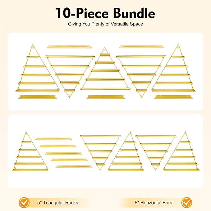 Wall-Mounted Polish Rack, Set of 10 Triangular Gold Nail Polish Shelf, Lipstick Perfume Cosmetic Display for Home Spa Salon Shop